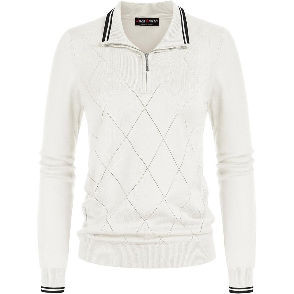 Sweaters for Women Long Sleeve Quarter Zipper Collar Polo Ribbed Knit Golf Tops